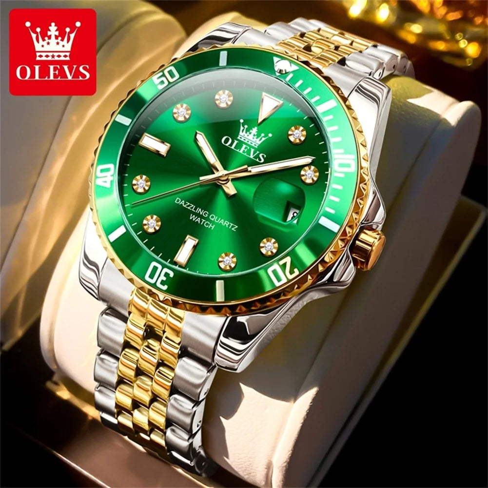 OLEVS 9809 Original Waterproof Quartz Watch For Men Top Brand Calendar Wristwatch Luminous Stainless Steel Business Man Watches