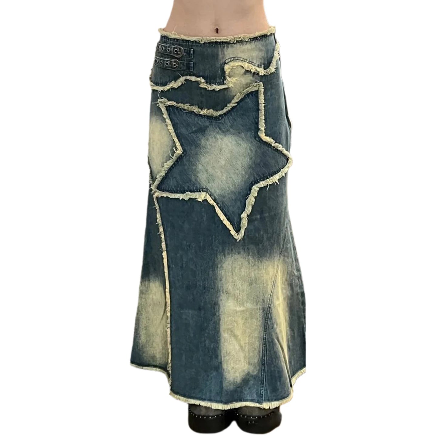 Women Casual High Waisted Long Denim Maxi Skirts y2k Vintage Star Frayed Hem Split A-Line Jean Skirts with Pockets Streetwear