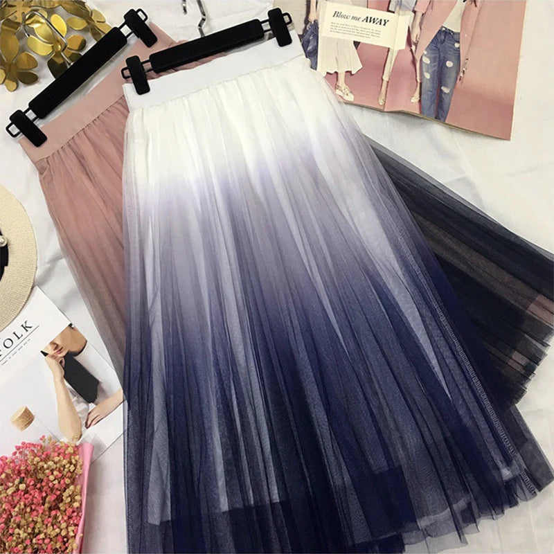 Long Tulle Skirt Women 2019 Autumn Gradient Korean Elegant High Waist A-line Pleated School Midi Skirt Female