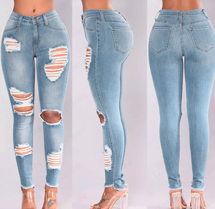 Europe and America Spring New High-waist Elastic Force Hole Break Small Feet Pants Jeans, Fashion Hip Lift Pencil Jeans Women