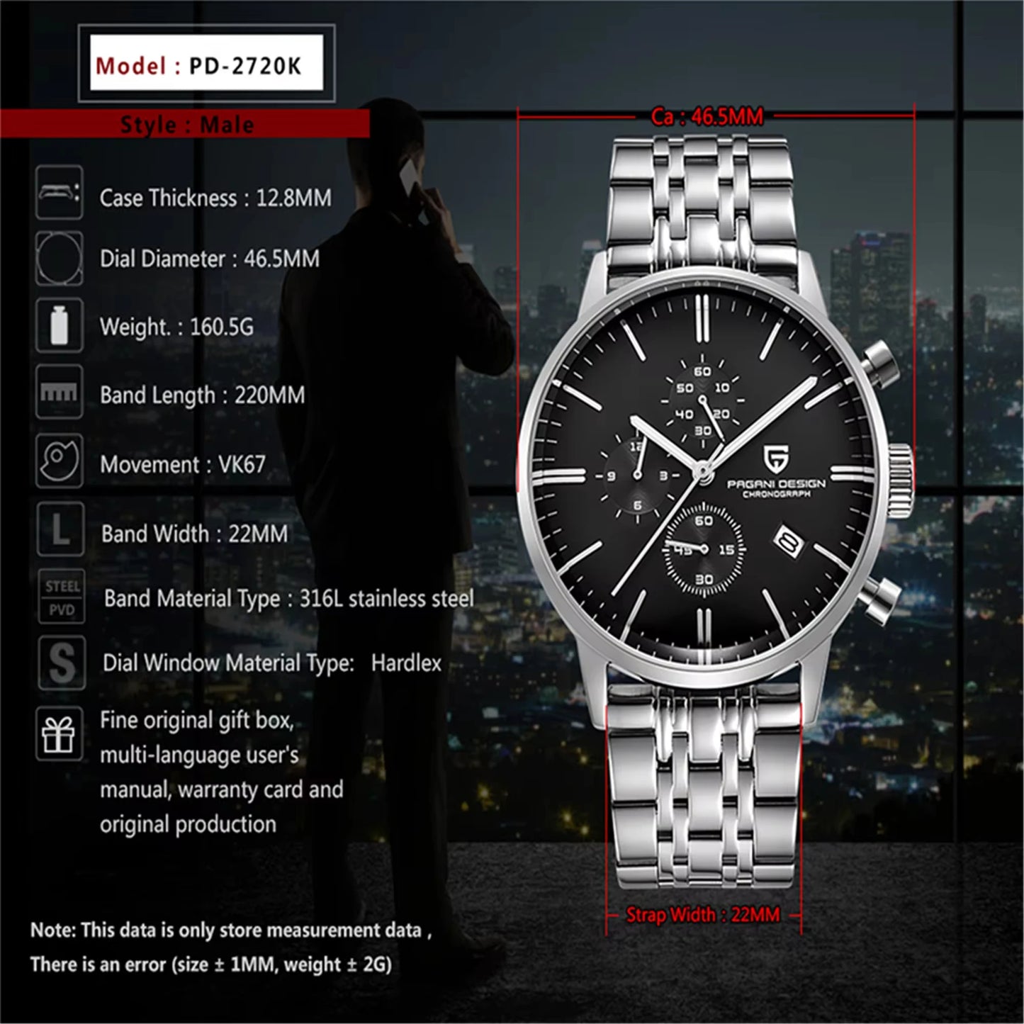 2024 NEW PAGANI DESIGN 2720K Men Quartz Watch Japanese VK67 Movement Stainless Steel Waterproof Chronograph Watch reloj hombre