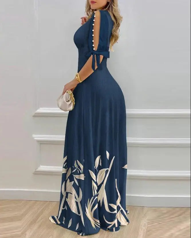 Women's V Neck Dress 2024 Spring and Summer Plants Split Sleeve Pearls Decor Maxi Dress Literary Retro Half Sleeve Swing Dress