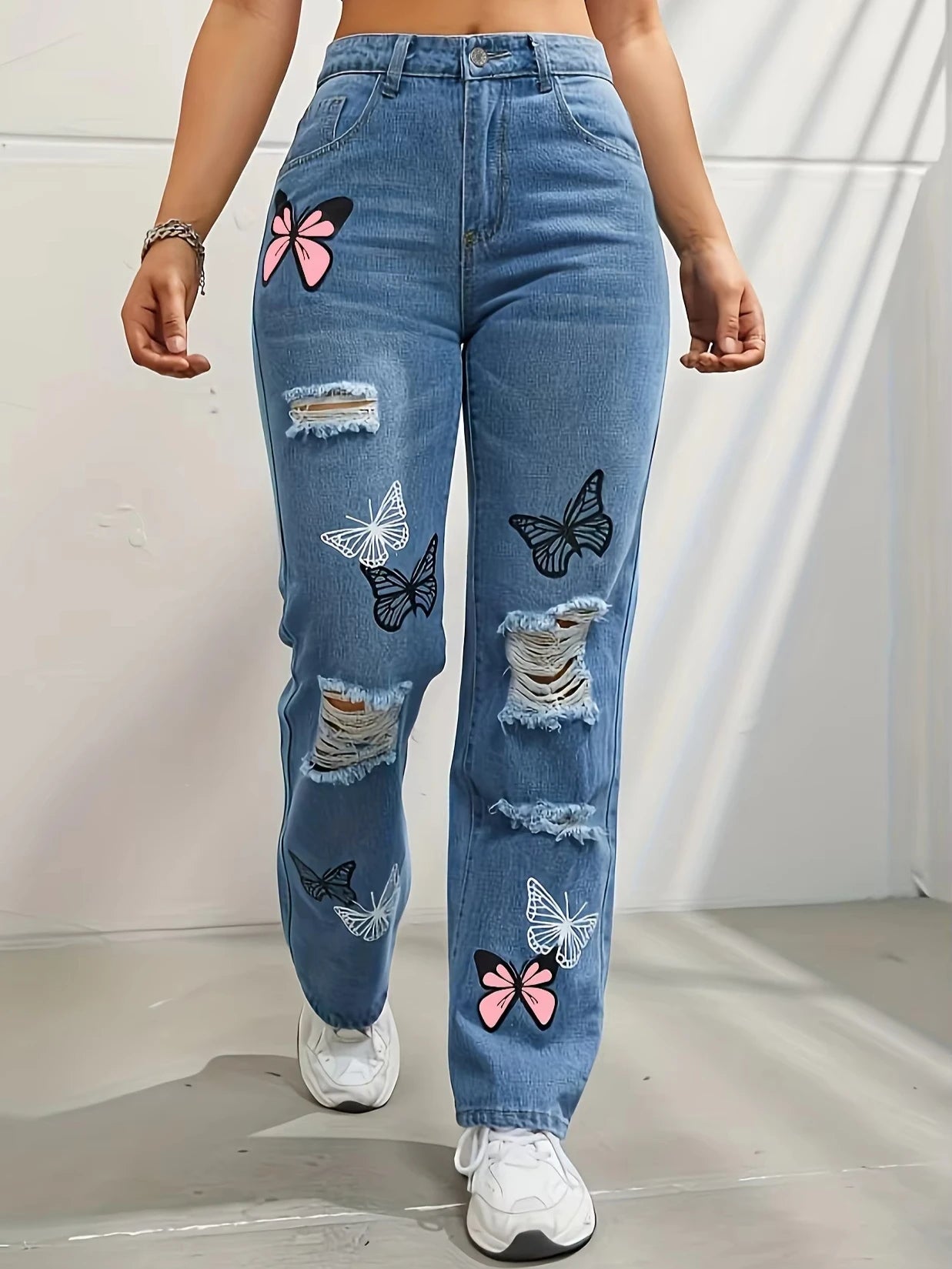 Women Denim Trousers Holes Jeans Butterfly Print Straight Pants High Waist Mom Jeans Vintage Y2k Punk Casual Pant Streetwear