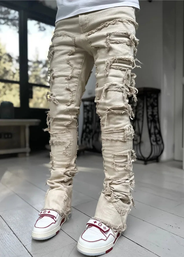 2025 New Fashion Purple jeans man with distressed hole patches Fashion Repair Low Rise Skinny Tassel Full Length Denim pants XXL