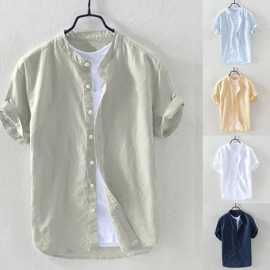 2024 New Men's Casual Cotton Linen Shirt Loose Tops Short Sleeve Tee Shirt Summer Daily Casual Handsome Shirt Blusa