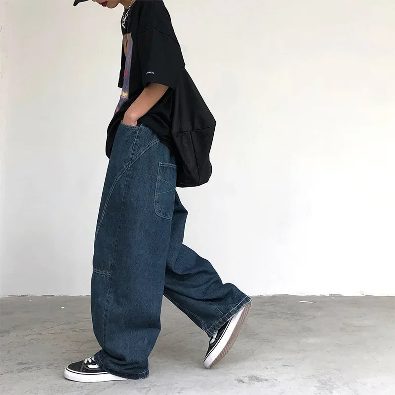 New Wide Leg Pants Men's Fashion Baggy Solid Color Stitching Trousers Harajuku Casual Loose Oversize Jeans Men Clothing Y2K