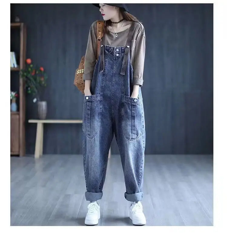 Bleached Jeans Ankle Length Women Overalls Washed Loose Fit Denim Harem Pants Spliced Pockets High Street Jean Solid 2024