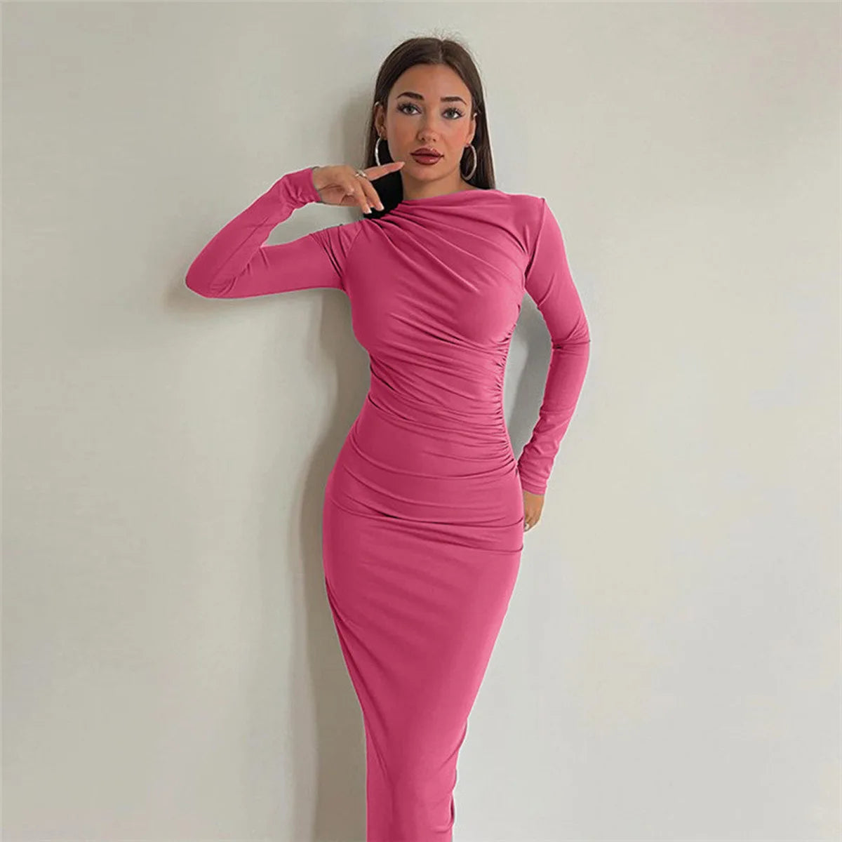 2024 Spring and Autumn New European and American Asian Style High End Solid Color Temperament Long Hip Bag Dress for Women