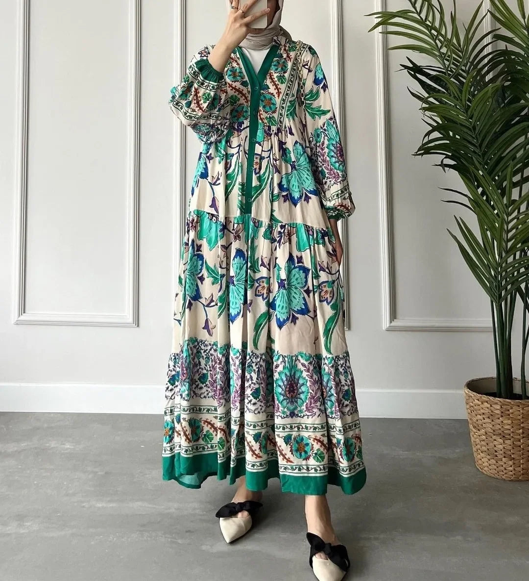 Vintage Print National Style Jalabiya Femme Robe Muslim Dress Long-sleeved Stand Collar Dubai Abayas for Women Islam Clothing