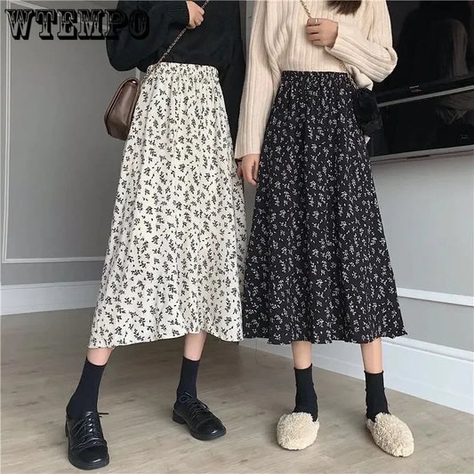 Vintage Floral Print A-line Pleated Long Skirts Summer Women Skirt Streetwear Drawstring Elastic Waist Midi Skirt