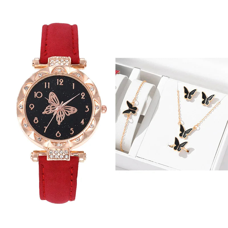 5PCS/Set Fashion Rhinestone Butterfly Women Watch Jewelry Set New Women's Bracelet Watches Waterproof Matching