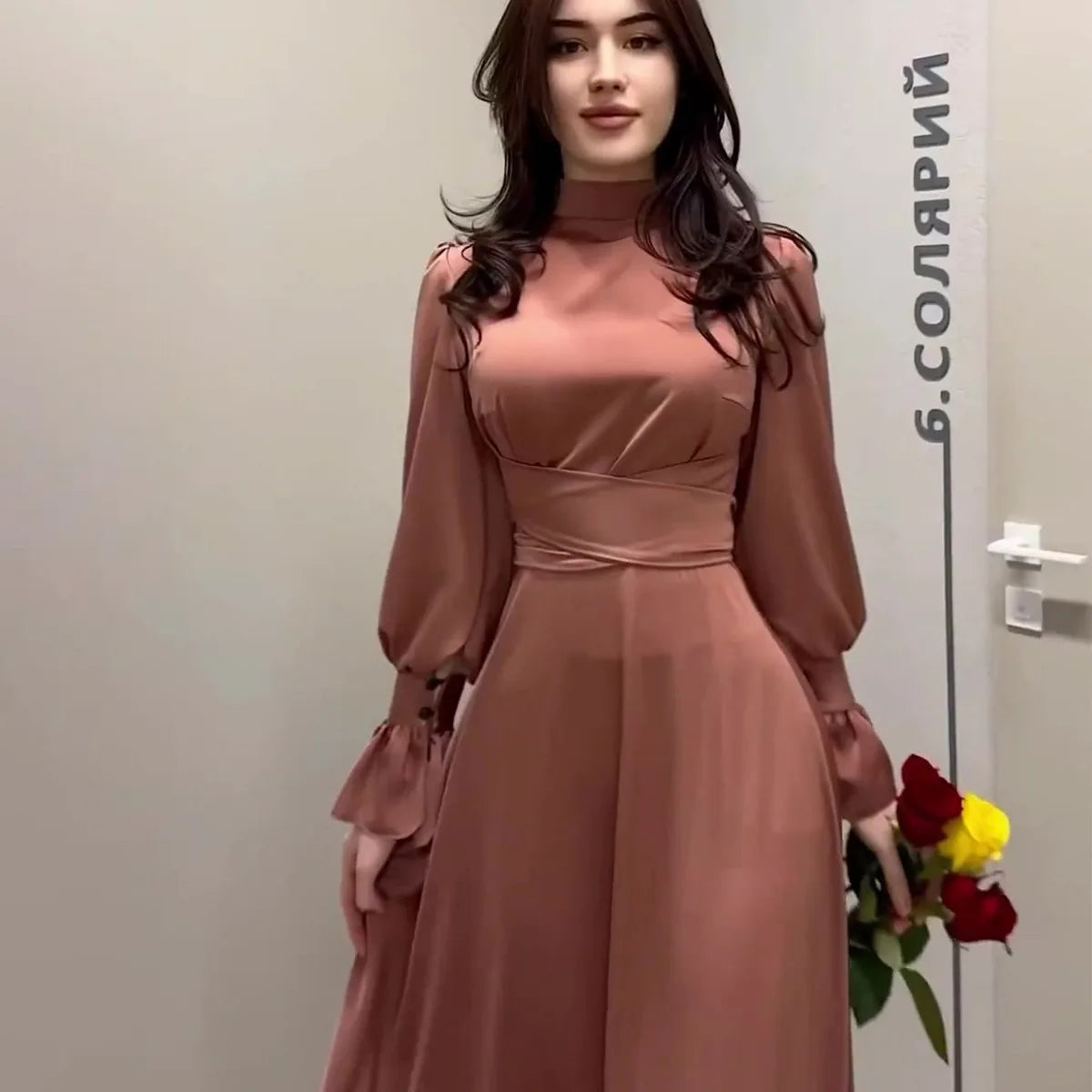 Satin Long Sleeves Dress for Women Elegant Temperament Dubai Abayas Casual Spring Muslim Dress Robe Femme Slim Evening Dresses