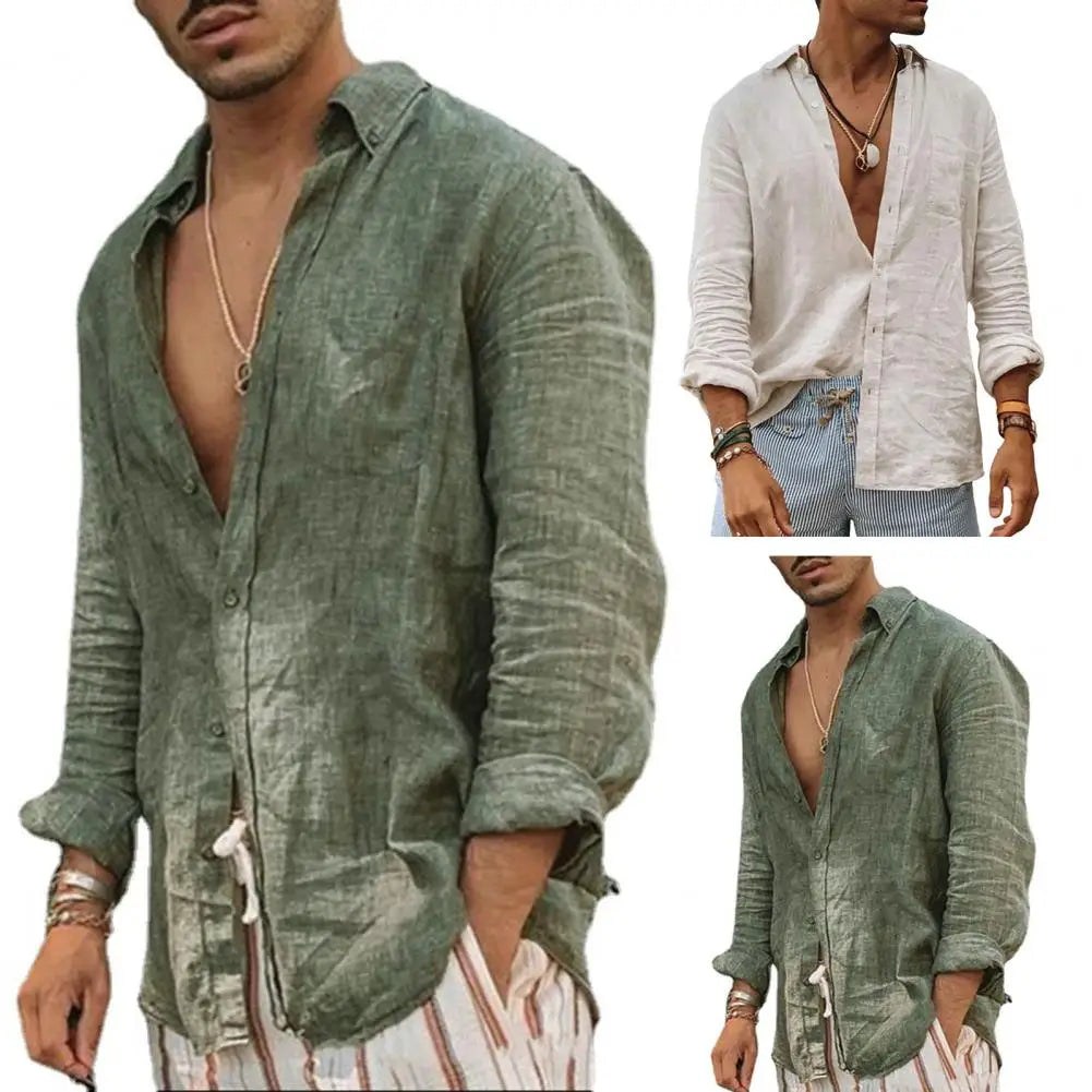 2024 Men Casual Cotton Linen Shirts Standing Collar Male Solid Color Long Sleeves Loose Tops Spring Autumn Handsome Men's Shirts