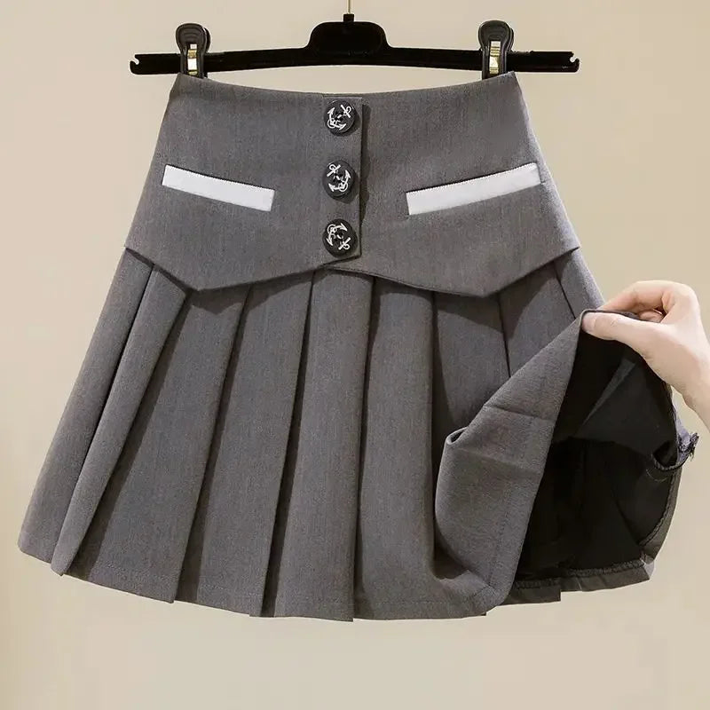 Korean Women's Fashion All-match Button Splicing Pleated Skirt Summer New Zipper High Waist School Preppy Sweet Mini Skirts