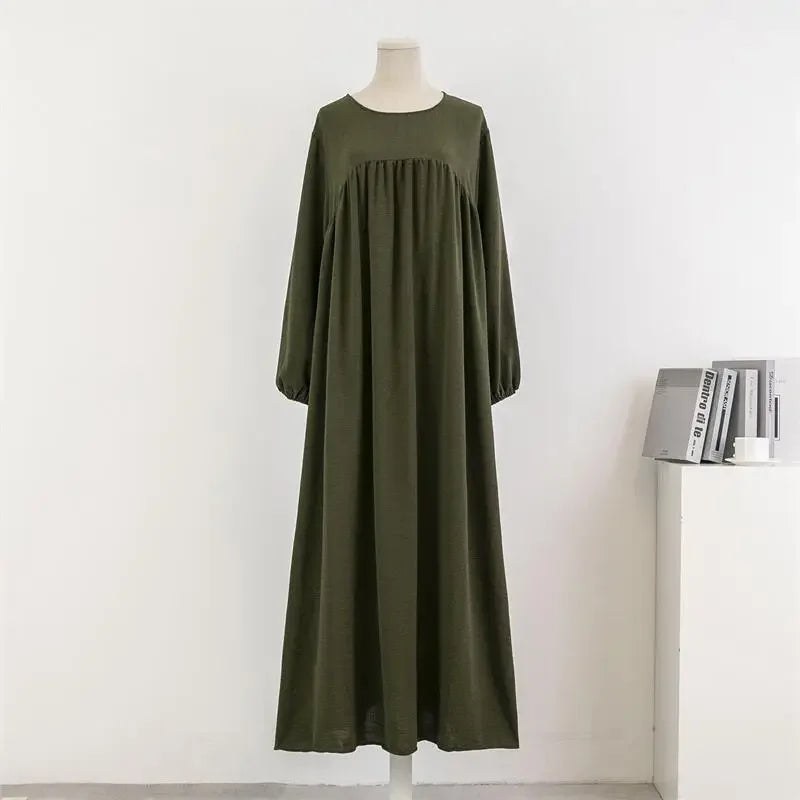 Spring Autumn Muslim Dress Women Loose Maxi Dresses Fashion Female Full Sleeve Casual Solid Pockets Robe Long Dresses Vestidoes