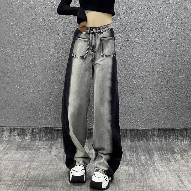 Women Patchwork Jeans Distressed High Waist Denim Wide Leg Pants Streetwear Female Vintage Denims Autumn Trousers Floor Length