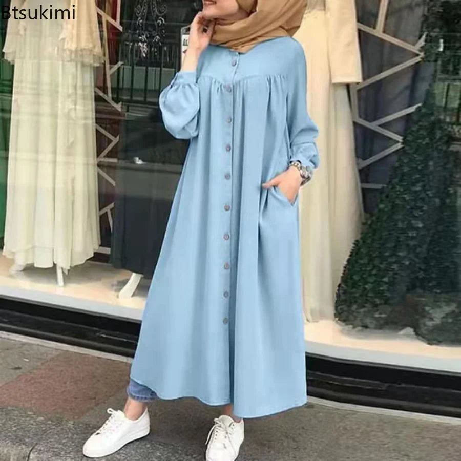 Plus Size 4XL 5XL Women's Casual Muslim Dress Button Solid Long Sleeve Shirt Dress Pocket Robe Abayas for Women Open Abaya Dress