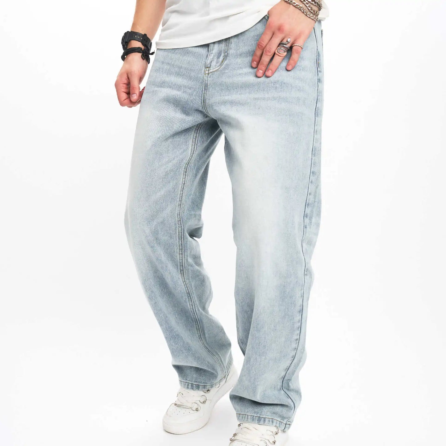 European and American Street Fashion Brand Monkey High Street Men's Jeans, Loose and Casual Wide-leg Straight Jeans. XS-XXL