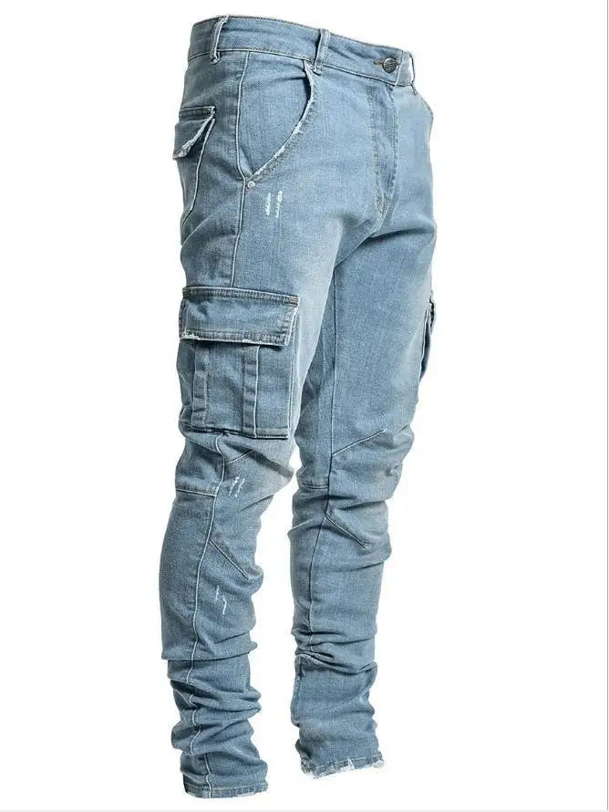 Mens Stretchy Skinny Ripped Jeans Men Side Pocket Washed Slim Denim Pants Biker Jeans Fashion Sweatpants Hip Hop Trousers Jogger