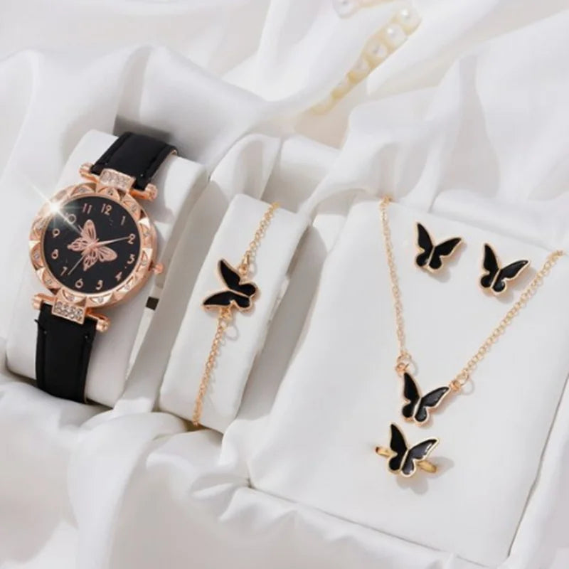 5PCS/Set Fashion Rhinestone Butterfly Women Watch Jewelry Set New Women's Bracelet Watches Waterproof Matching