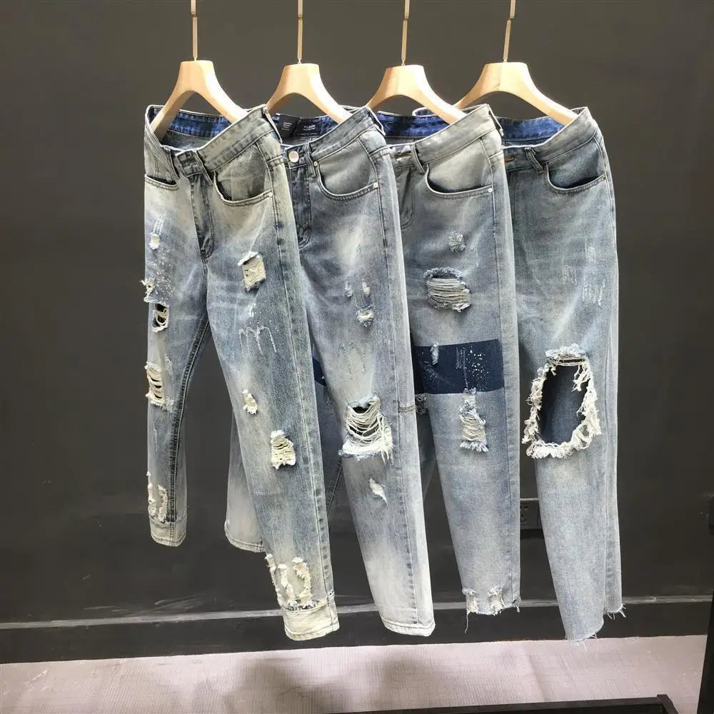 Fashion 2024 New Men's Casual Jeans Distressed Ripped Designer Luxury Boyfriend Spring Autumn Denim Slim Full Length Pants