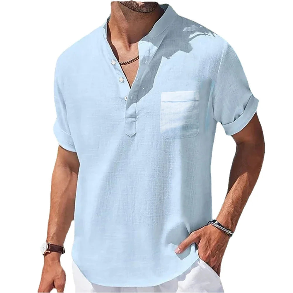 New Men's Casual Stand Up Collar Summer Solid Color Short Sleeve Linen Shirt Trendy Breathable Loose Youth Basic Pocket Tops