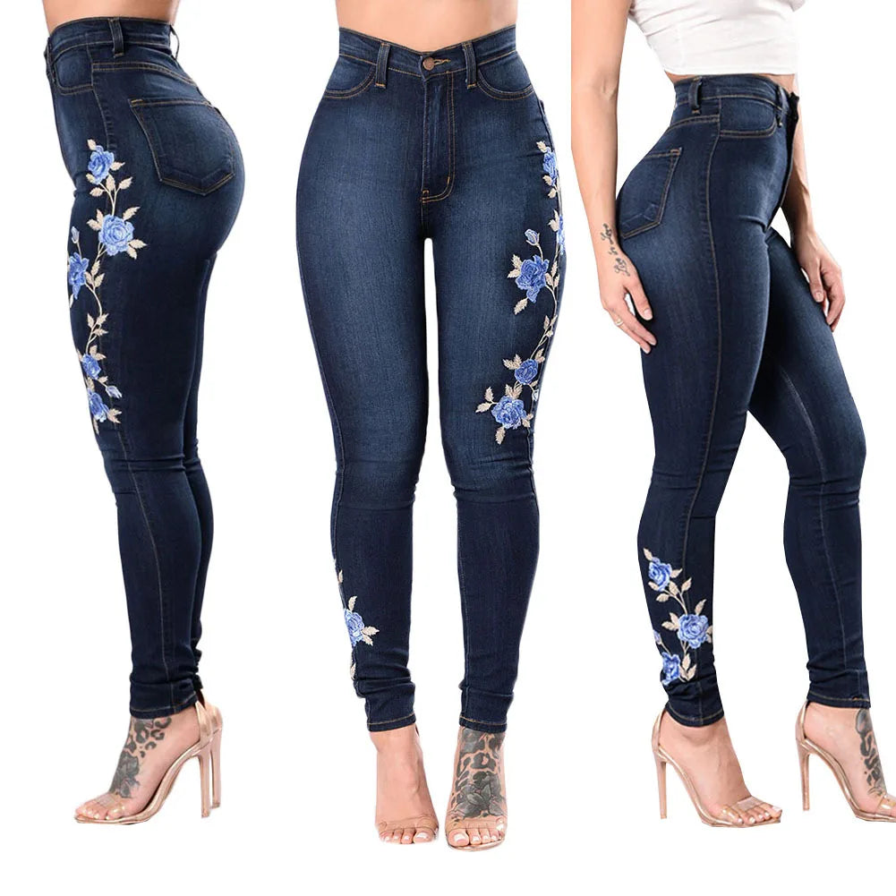 2023 New Women's High Waist Embroidered Jeans Fashion Slim Stretch Denim Pencil Pants Street Trendy Trousers S-3XL Drop Shipping