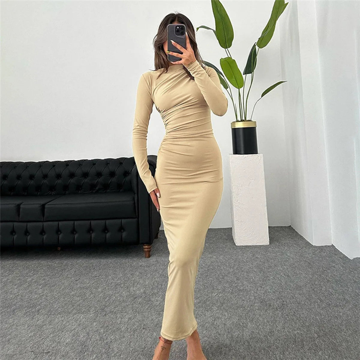 2024 Spring and Autumn New European and American Asian Style High End Solid Color Temperament Long Hip Bag Dress for Women