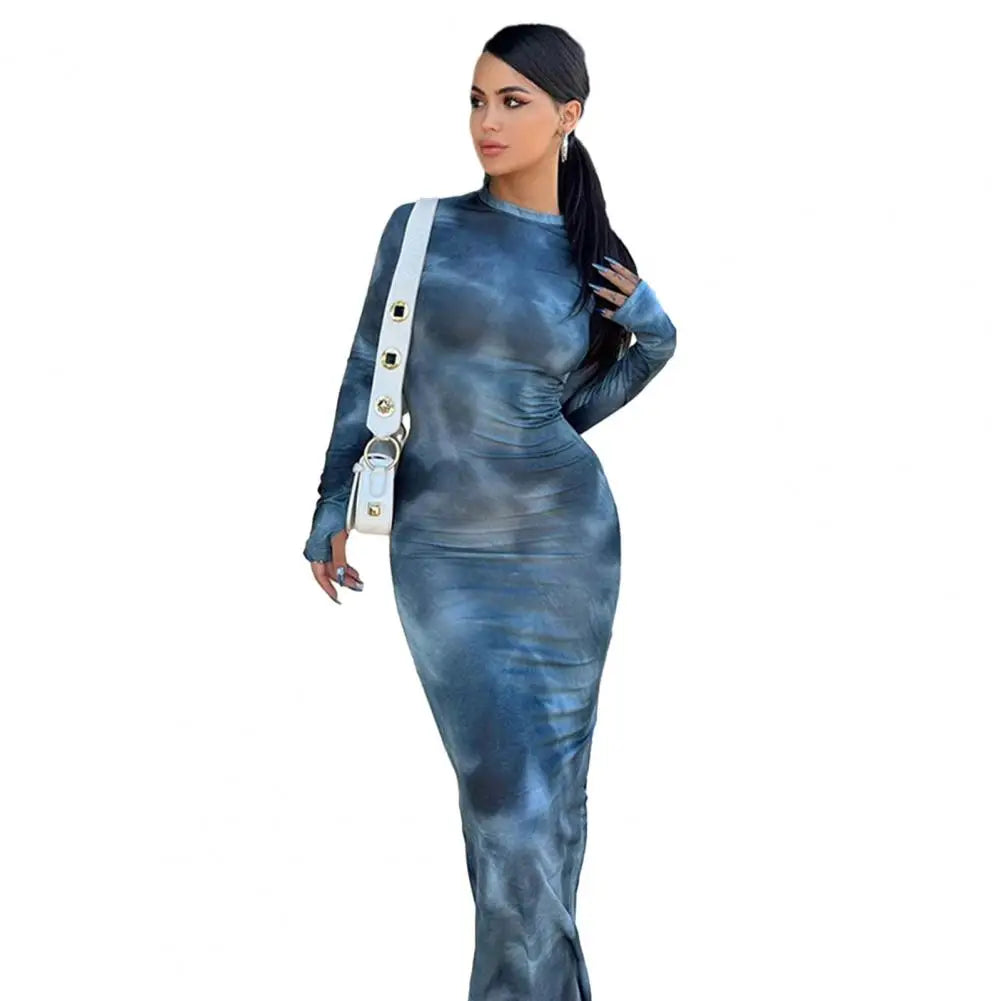 O Neck Tie-dye Dress Elegant Women's Long Sleeve Maxi Dress with Round Neck Slim Fit Ankle Length Tie-dye for Spring for Women