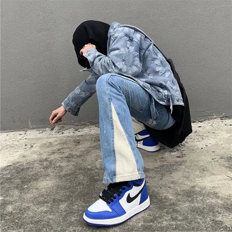 Stylish Men Flared Jeans Drawstring Elastic Waist Baggy Pants Straight Loosen Ink Spliced Denim Trousers Pantlones Hombre