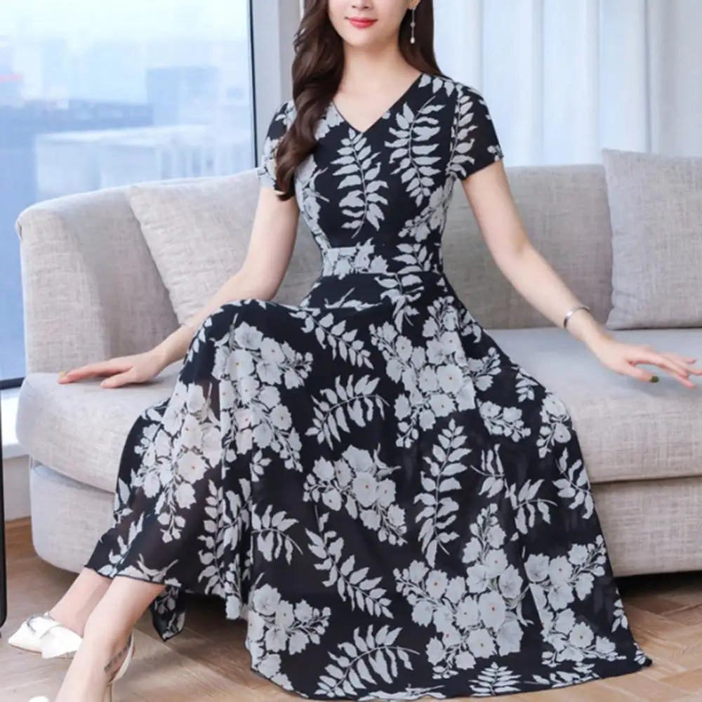 Summer Women Short Sleeve Fashion Elegant Tight Dress Lady Floral Print Women's Waist Large Swing V-Neck Maxi Women's Clothing