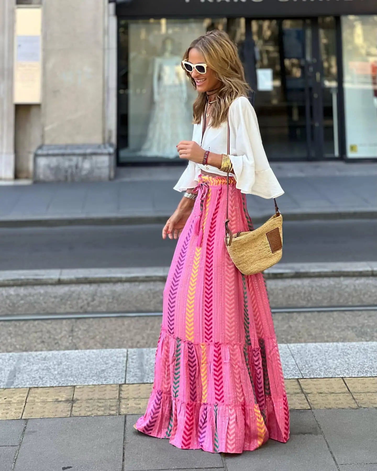 Ladies' Vacation Style Printed Skirt Long Skirt Summer Autumn New 2024 Oversized High Waisted Lace Up Elegant Ladies' Skirt