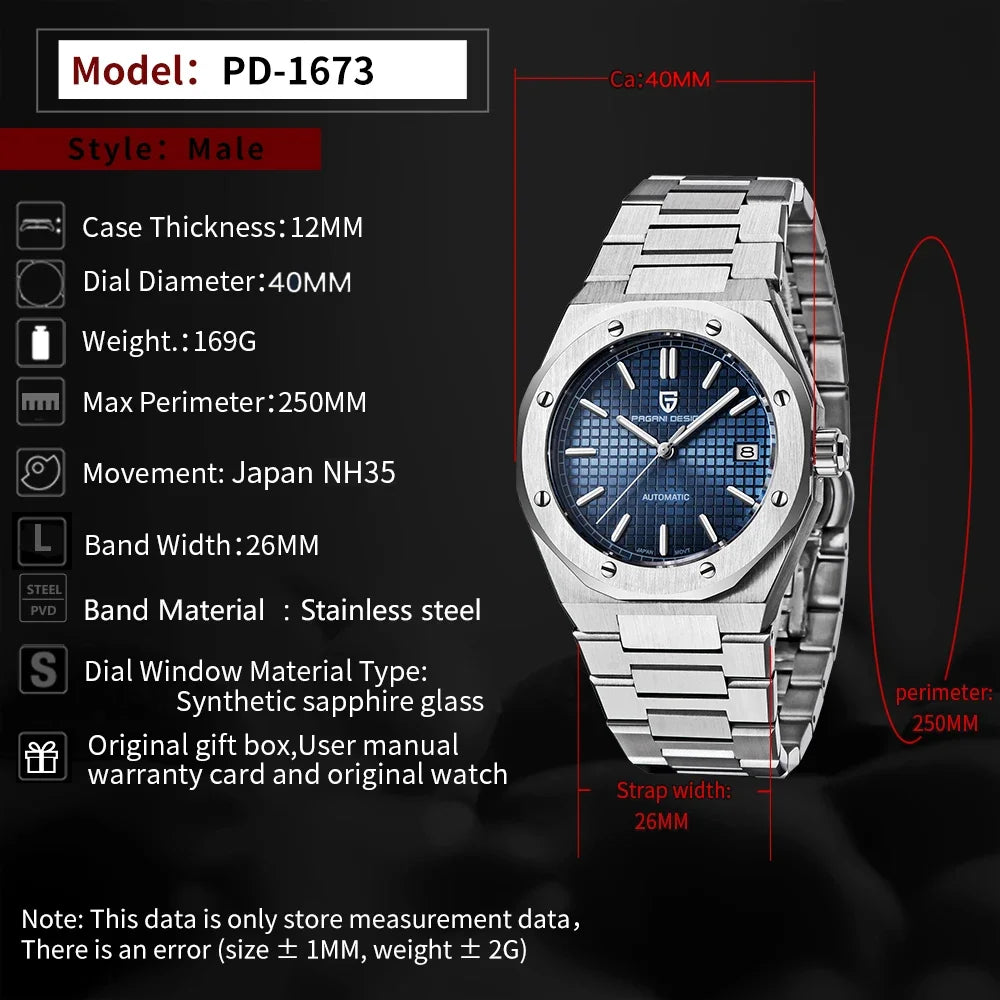 Pagani Design Men Mechanical Wristwatches Brand pd1673 Japan NH35 Fashion Leisure Men's watches Sapphire Glass watch