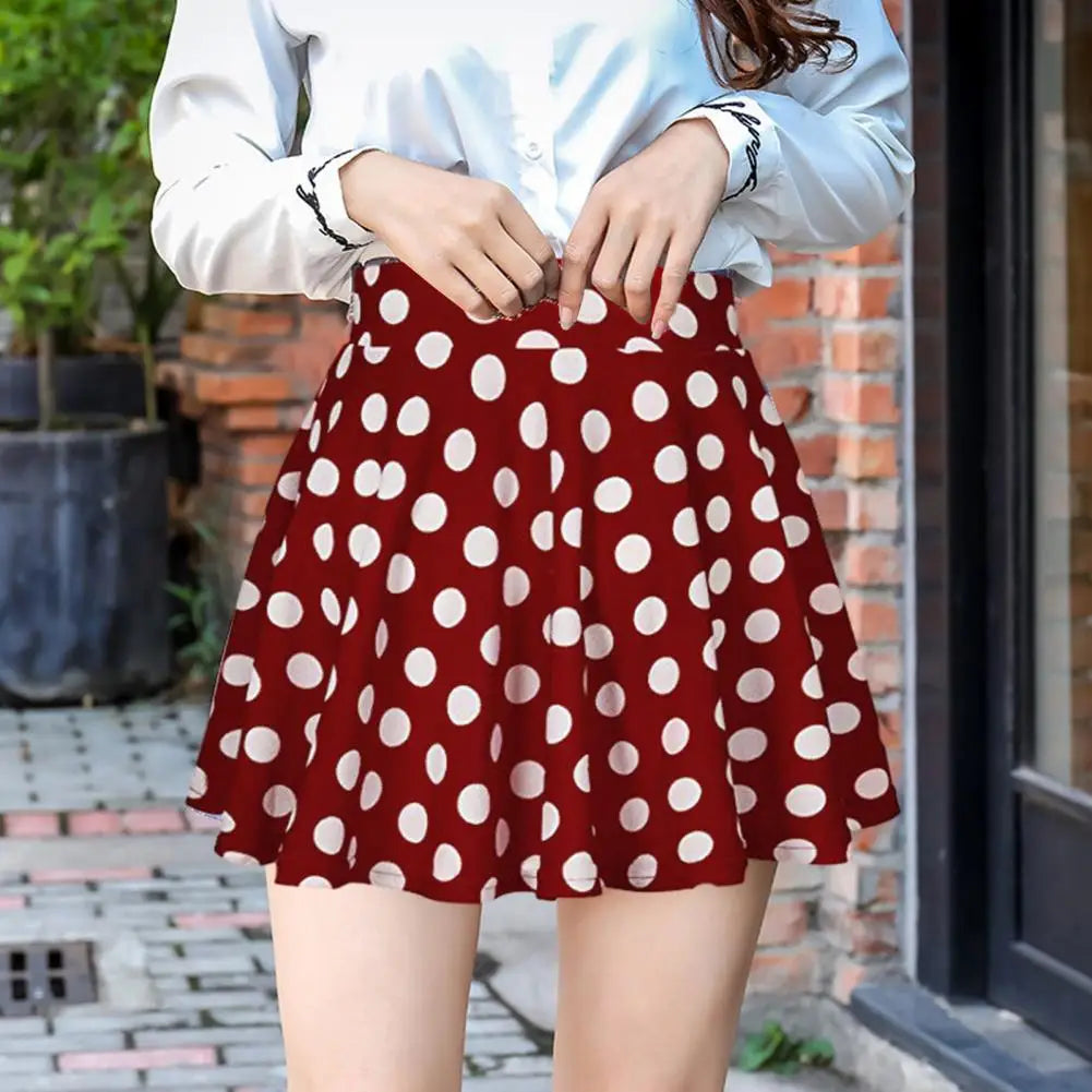 Elegant Women Summer Dot Printed Skirt Breathable Loose High Waist A-line Pleated Midi Skirt Fashion Party Skirt