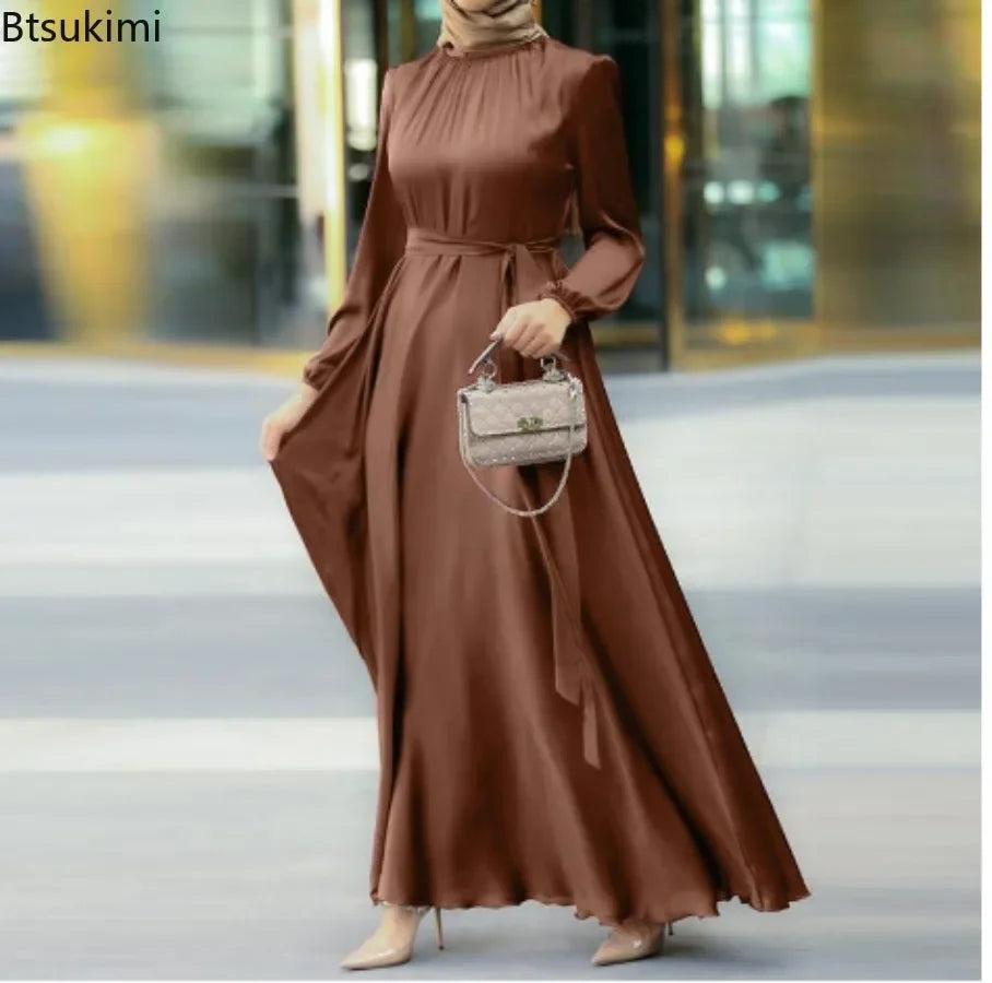 Elegant Maxi Dress for Women Solid Lantern Sleeve Party Evening Dress Fashion Lace-up Long Skirts Muslim Abayas Dubai Robe Femme